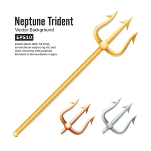 Neptune Trident Vector. Realistic 3D Silhouette Of Poseidon Weapon. Gold, Silver, Bronze. Pitchfork Sharp Fork Object. Isolated On White