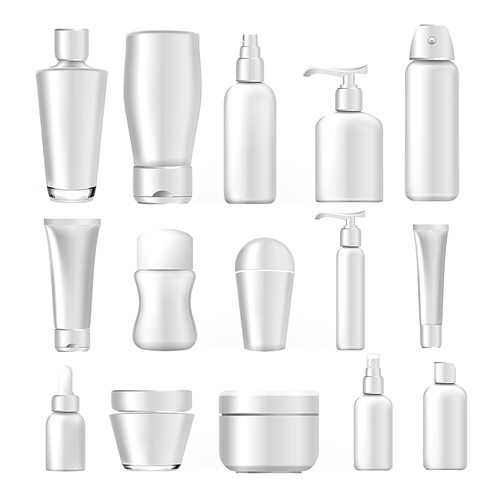 Cosmetic Bottles Set Vector. Empty Plastic White Package For Cosmetic Product. Container, Tube, Bottle, Spray For Cream, Liquid Soup, Shampoo, Lotion Gel Branding Design. Realistic Illustration