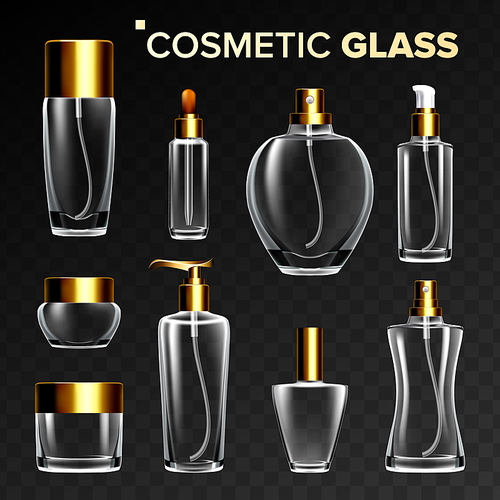 Cosmetic Glass Set Vector. Empty Glass Bottle, Tube, Box, Jar Package. Skincare Beauty Healthy Product For Women s Cosmetics Branding Desig. Isolated Transparent Realistic Mockup Illustration