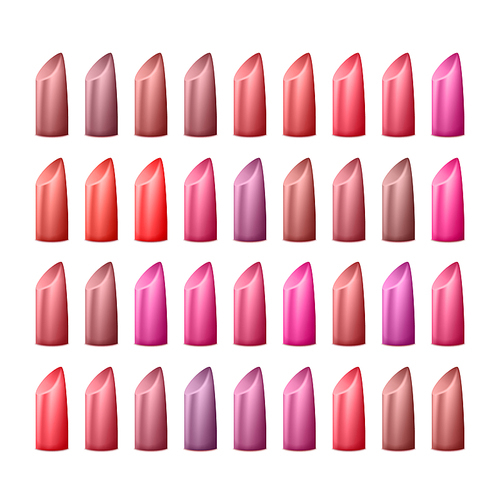 Lipstick Palette Vector. Different Colors Of Red And Pink. Glossy Lipstick For Woman Lips Make Up. Isolated