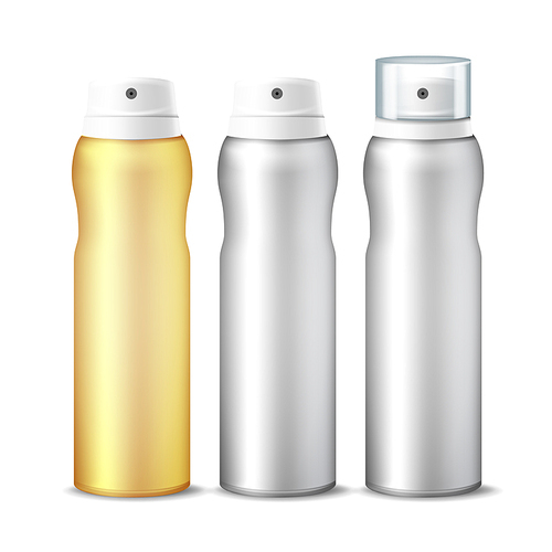 Spray Can Vector. Clean 3D Bottle Can Spray. Branding Design. Deodorant With Lid And Without. Isolated Illustration