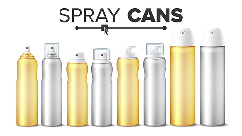 Spray Can Set Vector. Realistic White Cosmetics Bottles Blank Can Spray, Deodorant, Air Freshener. With Lid And Without. 3D Packaging. Mock Up. Isolated
