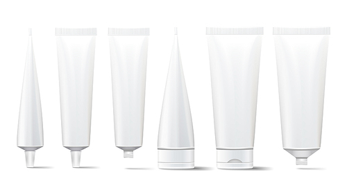 Cosmetic Tube Set. Vector Mock Up. Cosmetic, Cream, Tooth Paste, Glue White Plastic Tubes Open And Closed Set