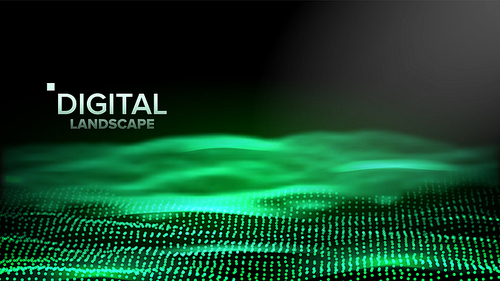 Digital Landscape Vector. Data Technology. Wave Mountain. Tech Surface. Dot Land. Geometric Data. 3D Illustration