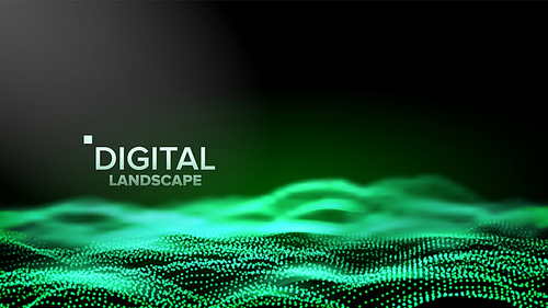 Wireframe Landscape Vector. Data Technology. Wave Mountain. Tech Surface. Relief Structure. Energy Space. Topography Code. Array Design. 3D Illustration