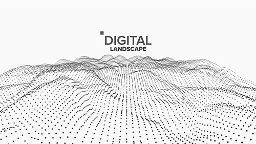 Wireframe Landscape Vector. Data Technology. Wave Mountain. Tech Surface. Relief Structure. Energy Space. Topography Code. Array Design. 3D Illustration