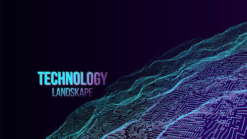 Abstract Digital Landscape Background Vector. Flowing Particles. Sci-Fi Futuristic. Technology Illustration
