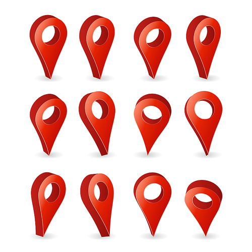 3d Map Pointer Vector. Set Red Navigator Symbol Isolated On White Background With Soft Shadow. GPS Location Symbol