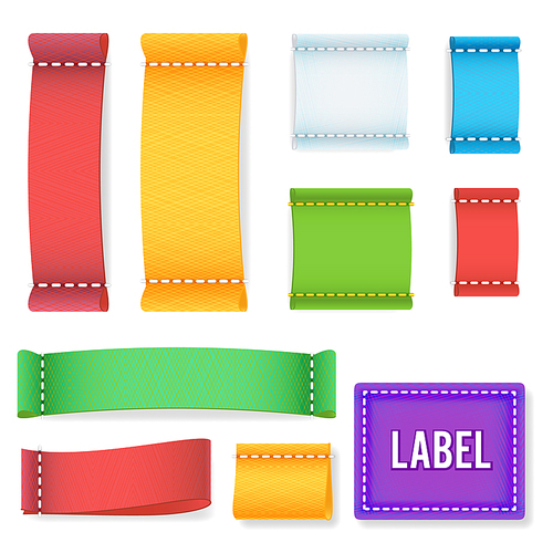 Color Label Fabric Blank Vector. Collection Colorful Blank Labels, Badges With Copyspace For Text Isolated On white Background