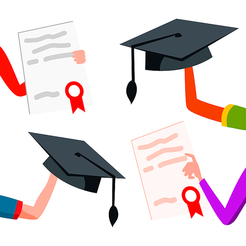 Student Hands Raised Up With Graduation Caps And Diplomas Vector. Illustration