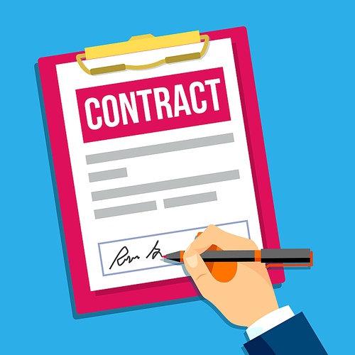 Hands Of Man Signing A Contract Top View Vector. Illustration