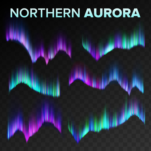 Northern Aurora Set Vector. Polar Sky Night Shiny Magical Phenomenon. Black Transparent Background. Abstract Aurora Borealis North Atmosphere Lights. Realistic Illustration