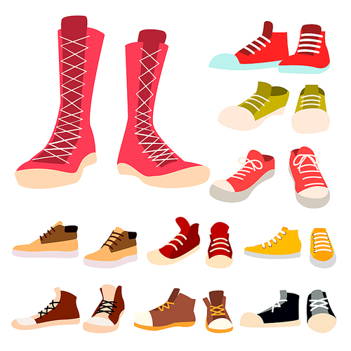 Sneakers Set Vector. Pair Of Casual New Sport Footwear. Foot Wear, Shoe, Shoelace. Running, Sport. Isolated Illustration