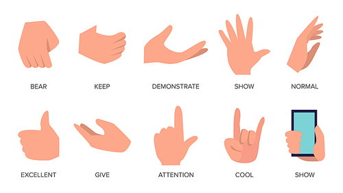 Gestures Set Vector. Hands In Different Emotions. Various Arm Gestures Signs. Flat Cartoon Isolated