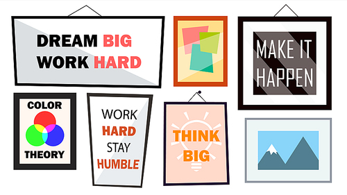 Office Interior Pictures Set Vector. Different Frames With Motivational Text. Illustration
