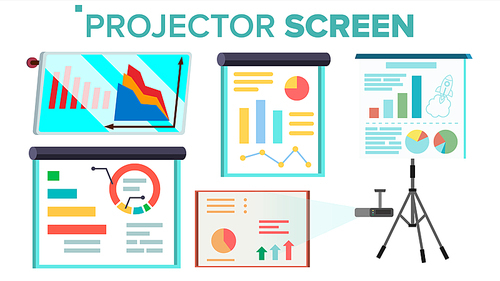 Projector Screen Set Vector. Presentation With Graph. Whiteboard. Seminar, Lecture, Business Conferences, Training Meeting Isolated Illustration