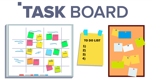 Task Board Set Vector. Sticker Notes. Scrum. Tasks For Team Work. Progress White Board. Illustration