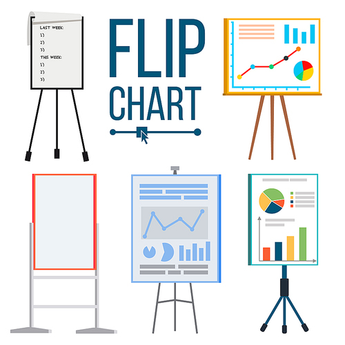 Flip Chart Set Vector. Office Whiteboard. Different Types. Presentation, Seminar Sign. Business Info. Flat Illustration