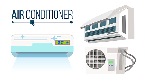 Air Conditioner Set Vector. Different Types Office, Home Conditioner System. Indoors, Outdoors Cartoon Flat Isolated