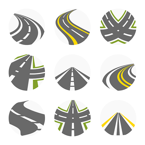 Curving Road Vector Set. Roads Logo Set In Grey Colour With Isolated Curvy Suburban Roads Images With Fork Turns