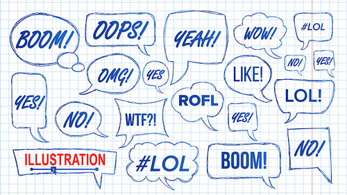 Lol Speech Bubbles Skech Set Vector. Fun Symbol. Emotion. Facial Expression. Expressions Hand Drawn Lol Stickers. Teen Slang. Illustration