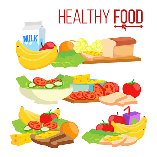 Healthy Food Vector. Diet For Life Nutrition. Modern Balanced Diet. Isolated Flat Cartoon Illustration