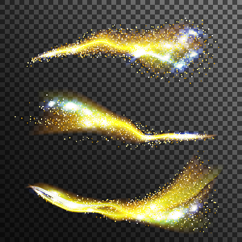 Gorgeous Sparkling Effect Vector. Flying Glittering Dust In The Air. Gold Particles Trail. Isolated On Transparent Background Illustration