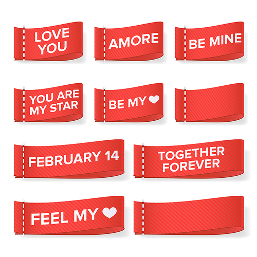 Valentine s Day Clothing labels Vector. Love You. Amore, Be Mine, You Are My Star, Together Forever, Feel My Heart. Isolated Illustration