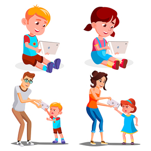 Children s Gadget Dependence Vector. Father, Mother Takes Smartphone From Daughter. Internet Addiction. Modern Technologies. Isolated Illustration