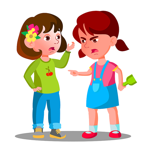 Conflict Between Kids, Girls Children Are Fighting Vector. Illustration