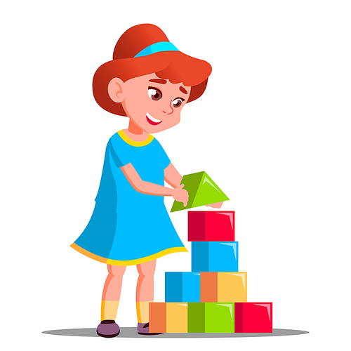 Little Girl Playing In Building Blocks Vector. Illustration