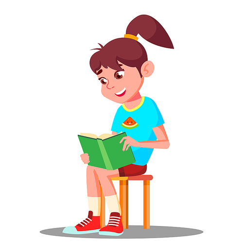 Little Smart Girl Reading A Book At Home Vector. Education Concept. Illustration