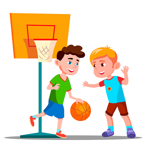 Two Boys Playing Basketball On The Playground Together Vector. Summer Activity. Illustration