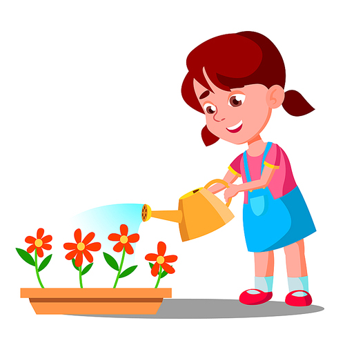 Little Girl Watering Flowers Vector. Help. Illustration