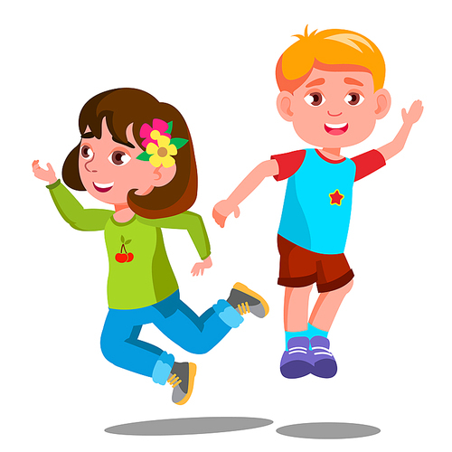 Group Of Happy Children Are Jumping Together Vector. Illustration