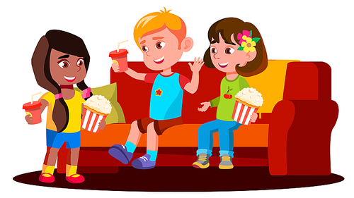 Children Sitting On The Sofa With Popcorn And Drinks Vector. Illustration
