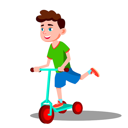 Active Little Boy Is Riding A Scooter Vector. Illustration