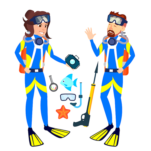 Woman And Man In Diving Masks Vector. Illustration