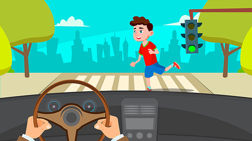 Little Boy Runing Across The Road In Front Of The Car A Frightened Driver Vector. Illustration