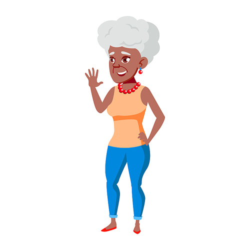 old woman poses vector. black. afro american. elderly people. senior person. aged. active grandparent. joy. web, , poster design. isolated cartoon illustration