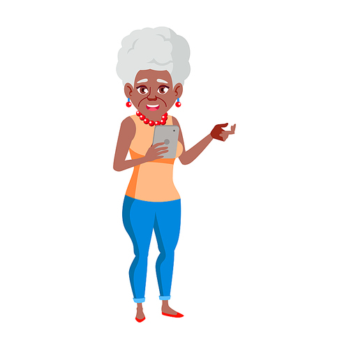 old woman poses vector. black. afro american. elderly people. senior person. aged. active grandparent. joy. web, , poster design. isolated cartoon illustration