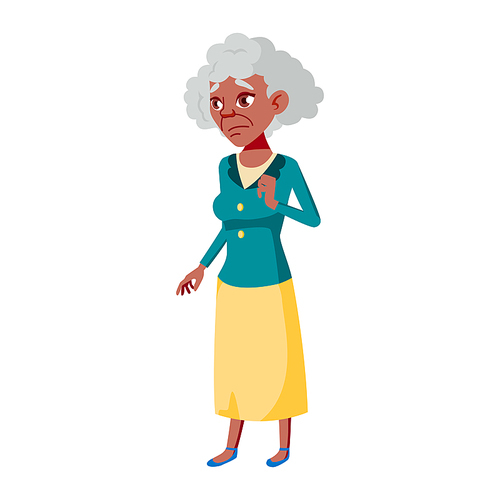 Old Woman Poses Vector. Black. Afro American. Elderly People. Senior Person. Aged. Funny Pensioner. Leisure. Postcard, Announcement, Cover Design. Isolated Cartoon Illustration