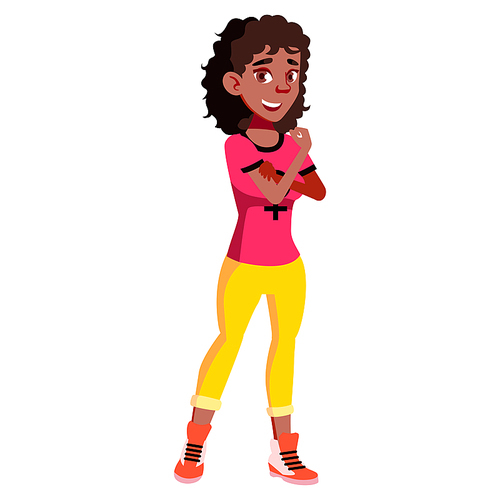 Teen Girl Poses Vector. Black. Afro American. Caucasian, Positive. For Presentation, Print, Invitation Design. Isolated Cartoon Illustration