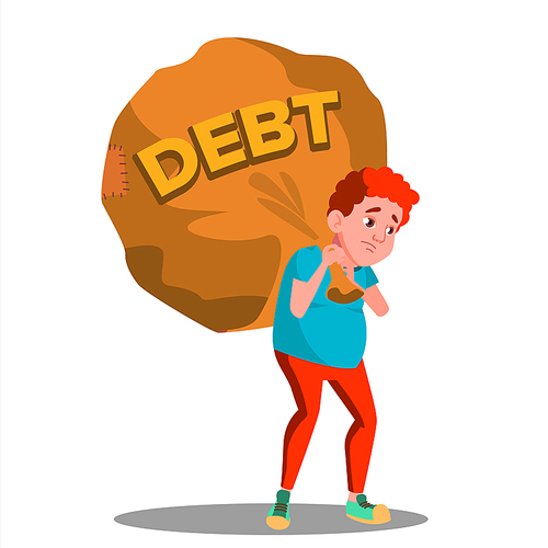 Student Carrying Bag Labeled Debt On His Back Vector. Illustration