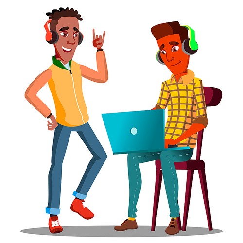 Student Looking At Laptop And Listening To Music On Headphones Vector. Illustration