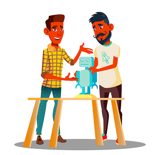 Two Smart Students Constructing A Robot In Classroom Vector. Illustration