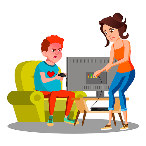 Angry Mother Cutting Wire Of Son Using Video Game Vector. Illustration