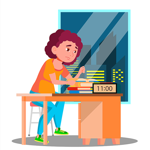 Tired Girl Preparing For The Exam At Night Vector. Illustration