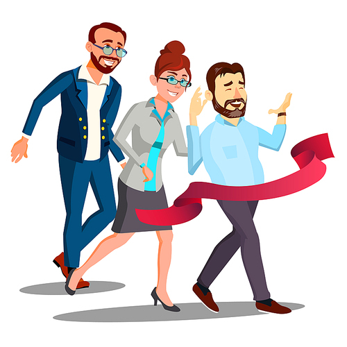 Business Training, Office Employees In Business Suits Runing To Finish Line Vector. Illustration