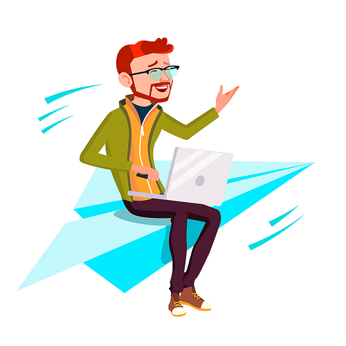 Startup, Manager In Business Suit Sitting On Paper Plane Flying Up Vector. Illustration